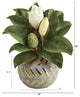 12" Magnolia Artificial Plant, Planter With Gold Trimming