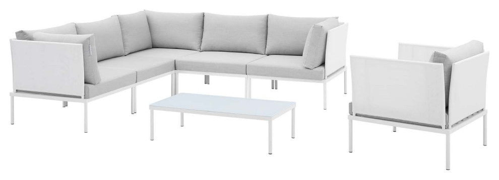 Sectional Sofa Chair Table Set, Sunbrella, Aluminum, White Gray, Outdoor