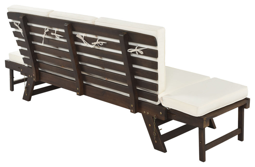 Outdoor Adjustable Wooden Patio Daybed Sofa Chaise Lounge With Cushions, Beige