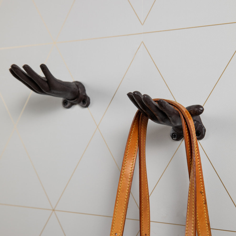 "Palms Up" Dark Brown Cast Iron Wall Mount Hook Set, Set of 2