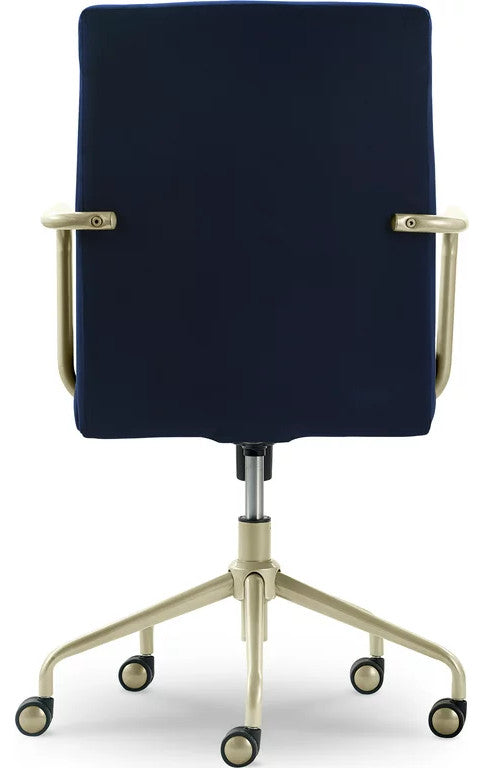 Midcentury Modern Office Chair, Gold Metal Base With Soft Velvet Seat, Navy Blue