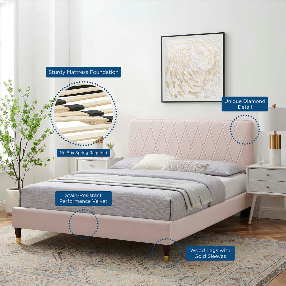 Platform Bed Frame, Full Size, Velvet, Pink, Modern Contemporary, Bedroom Master