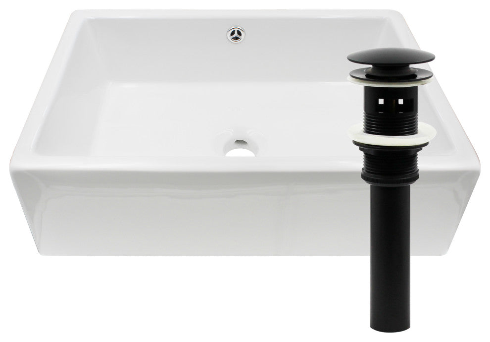 NP-018131 Rectangular White Porcelain Vessel Sink, Overflow Drain Option, Matte Black