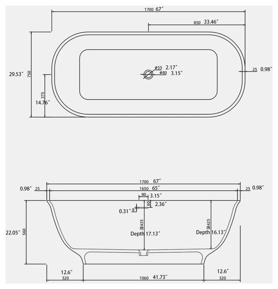 67" Solid Surface Freestanding Soaking Bathtub, White