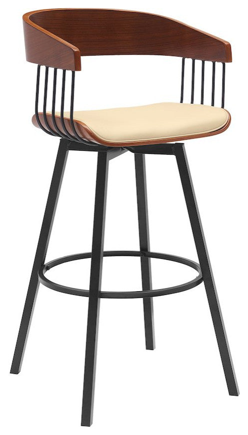 Athena Upholstered Wood Swivel Bar or Counter Stool with Black Metal