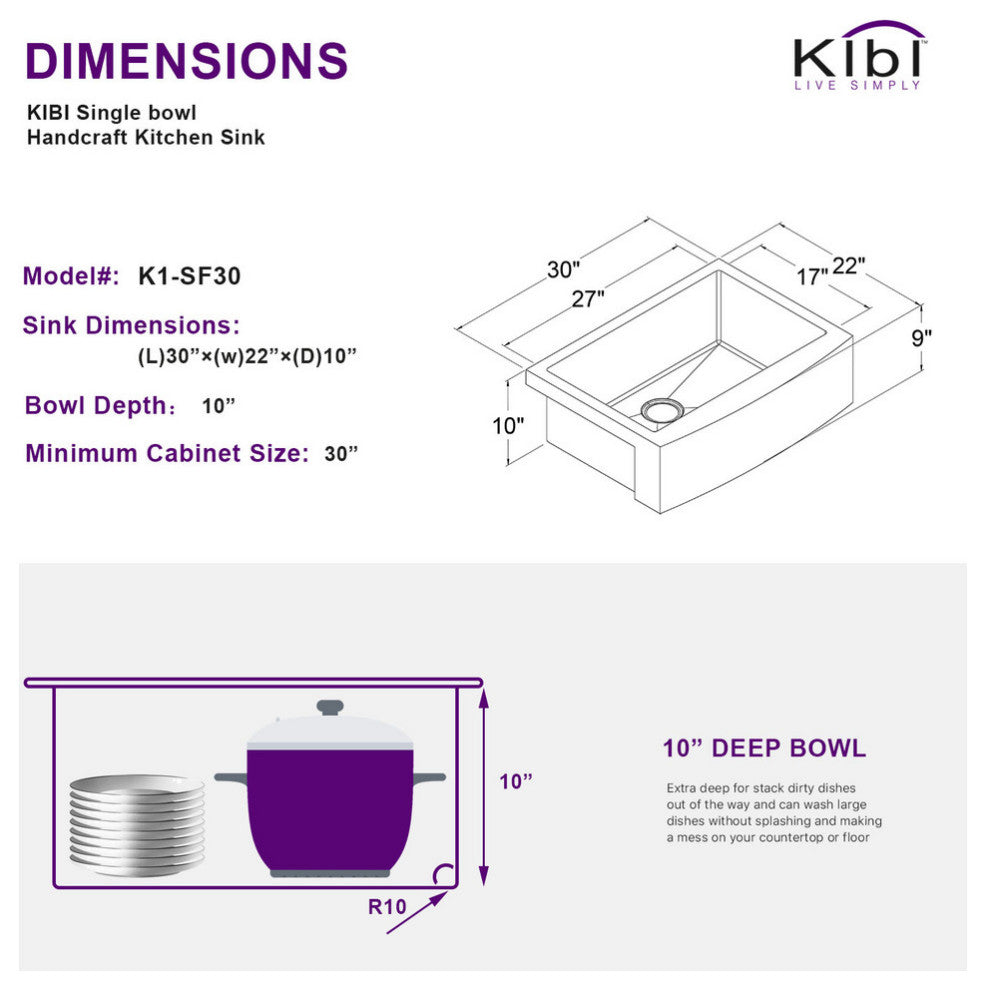 KIBI Handcrafted Farmhouse Apron Single Bowl Stainless Steel Kitchen Sink, 30"