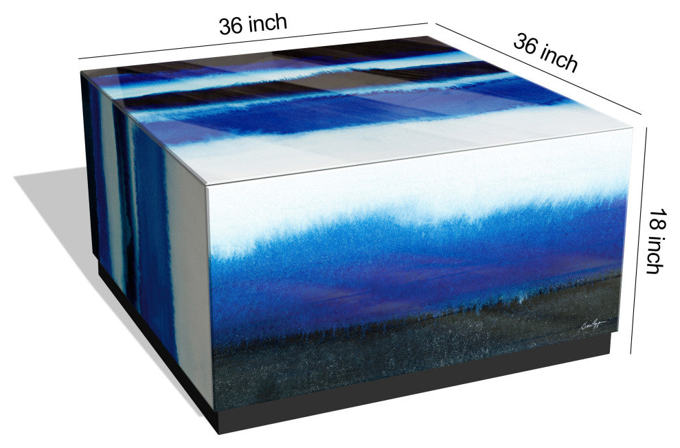 "Blue Run Off I" Reverse Printed Art Glass Cocktail Table with Black Plinth Base