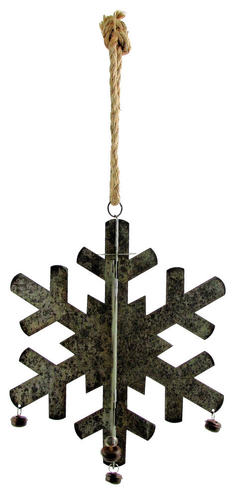 Hanging Galvanized Folding Snowflakes With Bells, Set of 6