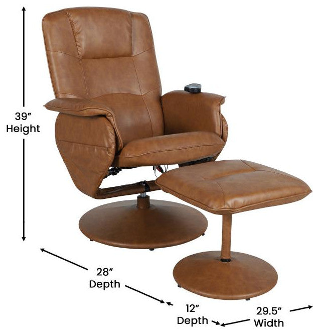 Cason Massaging Multi-Position Recliner with Deep Side Pockets and Ottoman, Brown Leathersoft