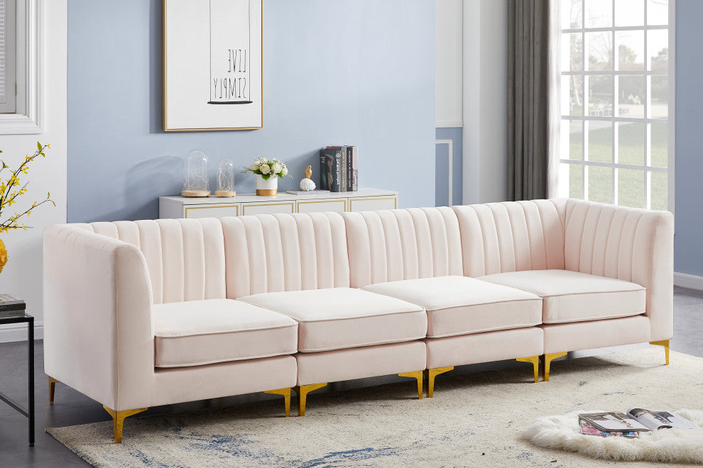 Alina Velvet Upholstered 4-Piece Modular Sectional, Pink
