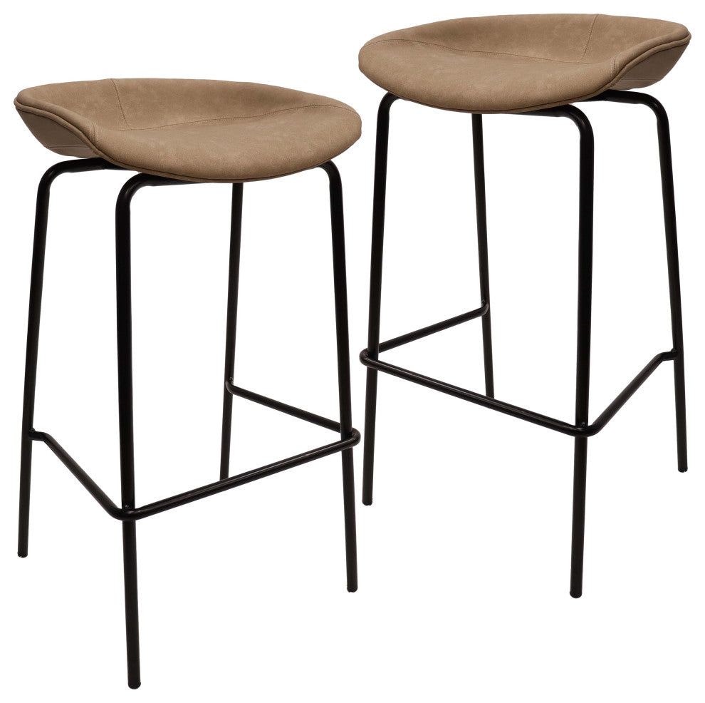 LeisureMod Servos Barstool With Faux Leather Seat and Iron Frame Set of 2, Sand Brown