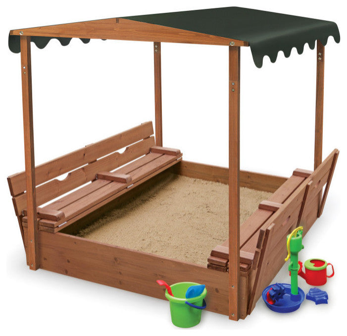 Covered Convertible Cedar Sandbox With Canopy And Two Bench Seats