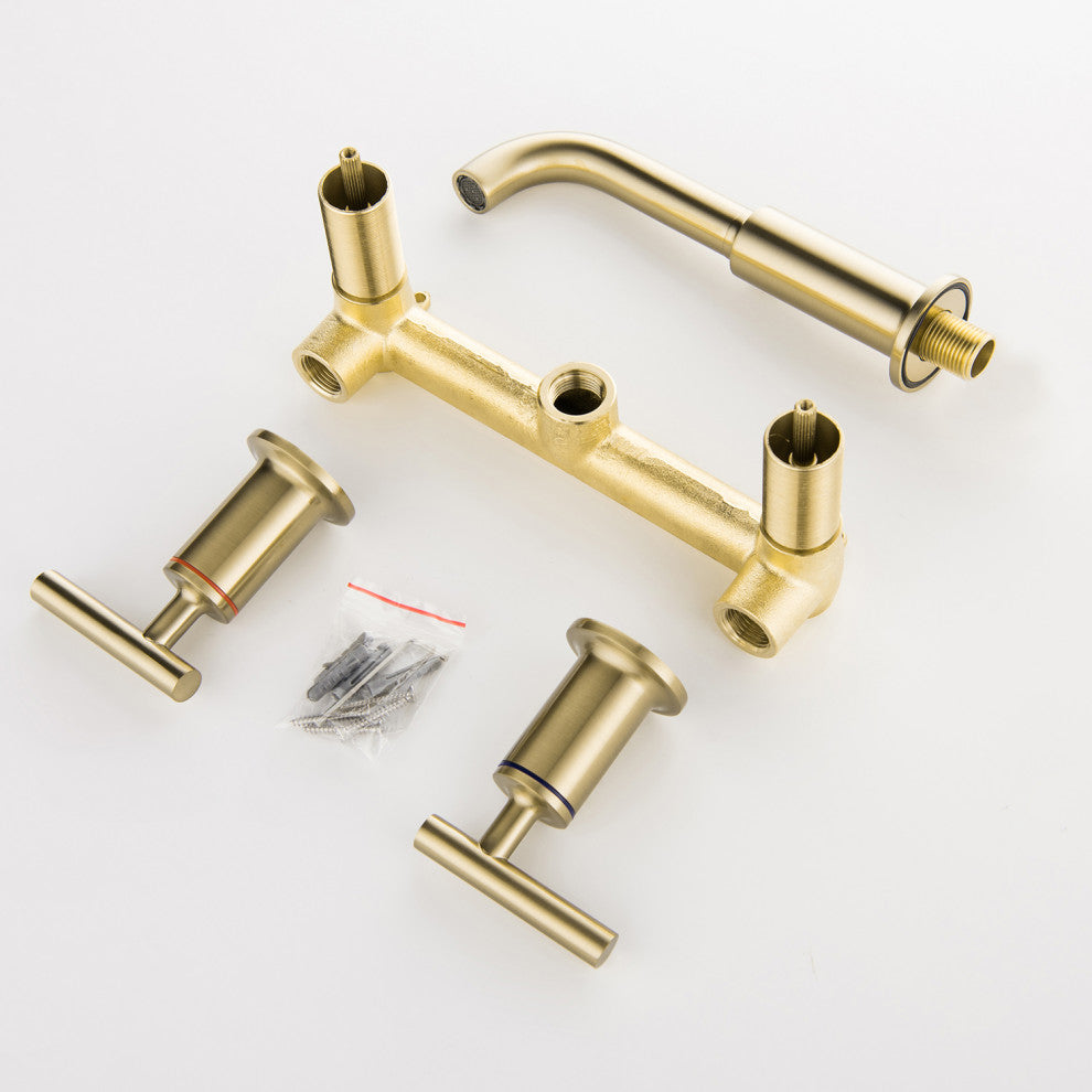 Luxury Dual Handle Wall Mounted Bathroom Faucet, Brushed Gold