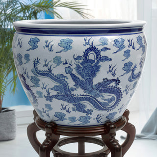 18" Dragon Blue and White Porcelain Fishbowl