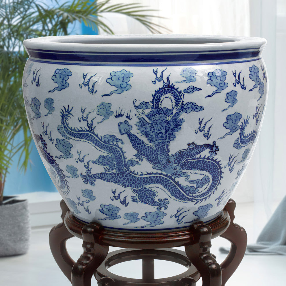 18" Dragon Blue and White Porcelain Fishbowl
