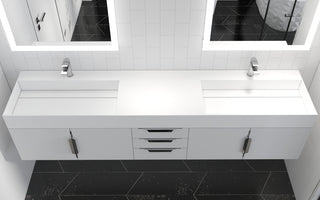 CastelloUSA Amazon 84" Wall Mounted Bathroom Vanity Set, White, White Top, Brushed Nickel