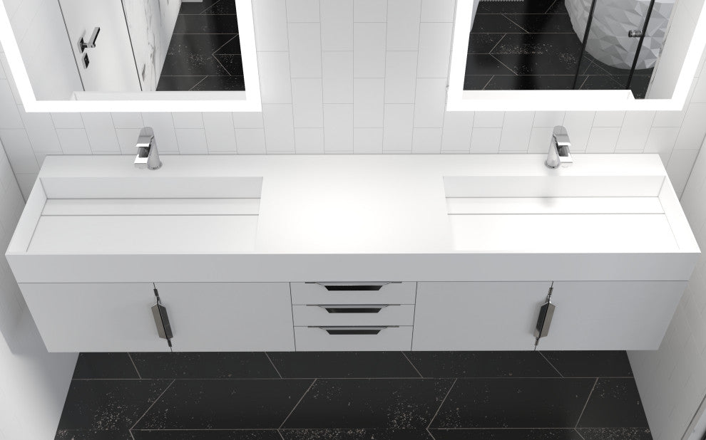 CastelloUSA Amazon 84" Wall Mounted Bathroom Vanity Set, White, White Top, Brushed Nickel