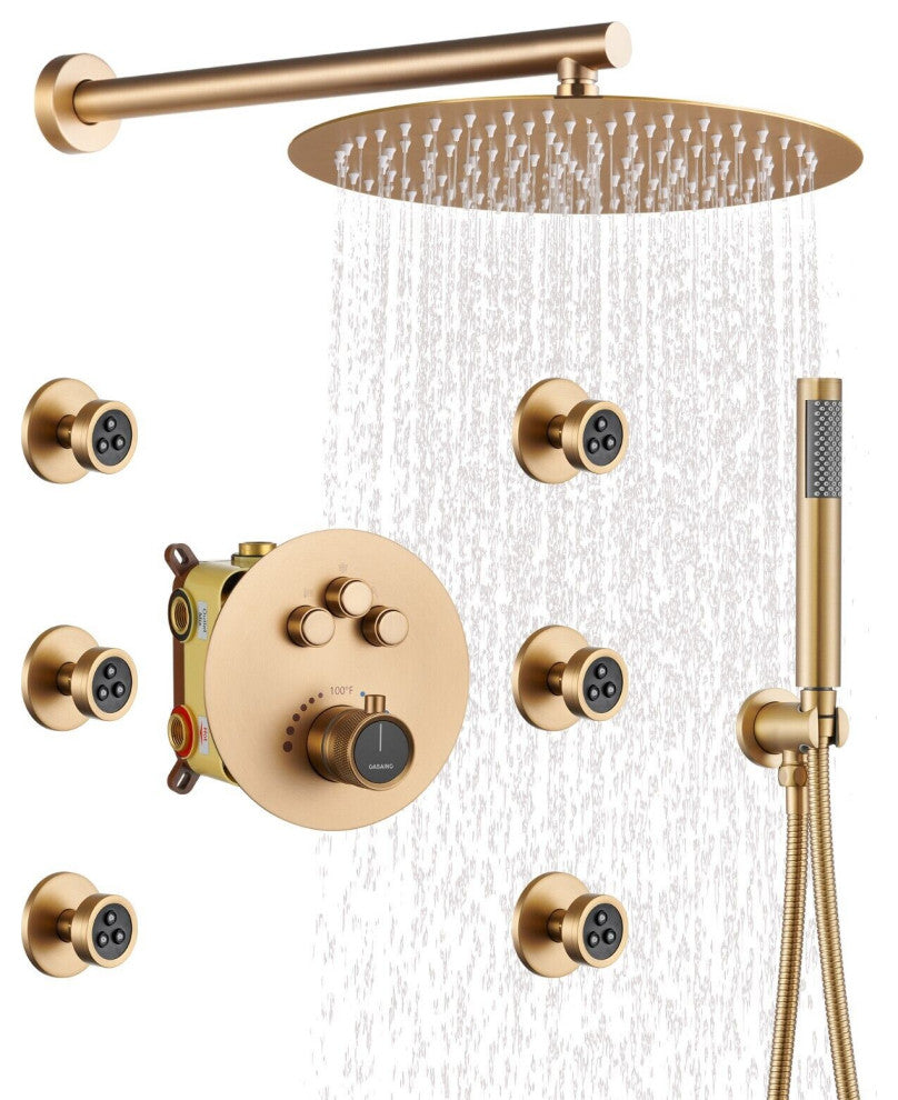 12" Luxury Rainfall Shower System with 3 Way Thermostatic Faucet, Brushed Gold