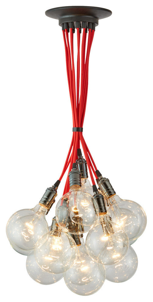 Red Pendant Light Chandelier With 14 Modern Pendant Lights and Globe Bulbs
