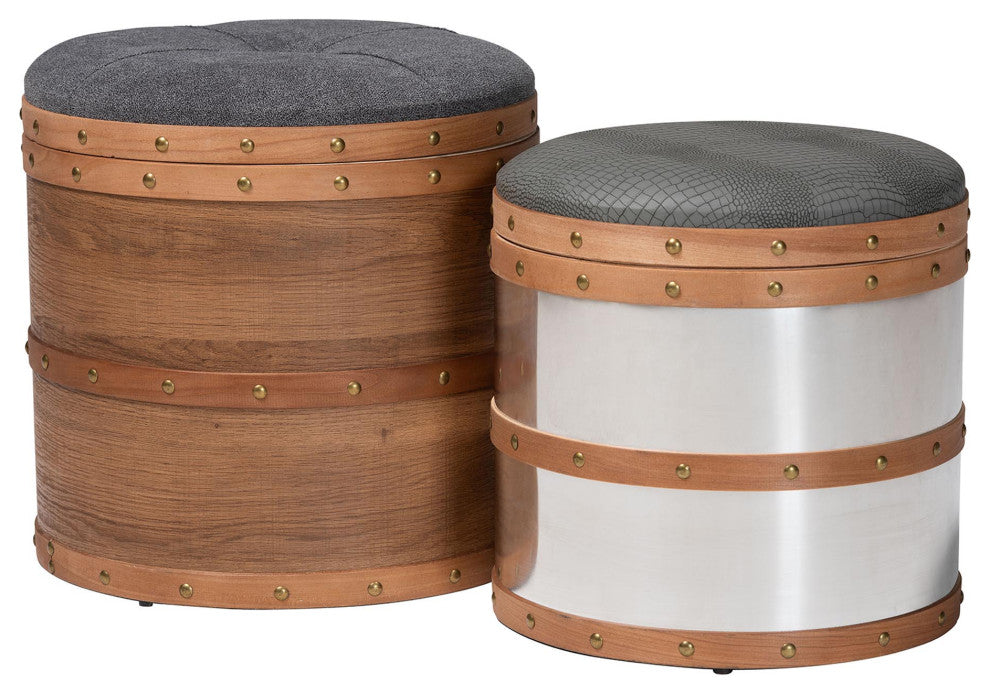 Grey Fabric and Blue Alligator Faux Leather Upholstered 2-Piece Storage Ottoman
