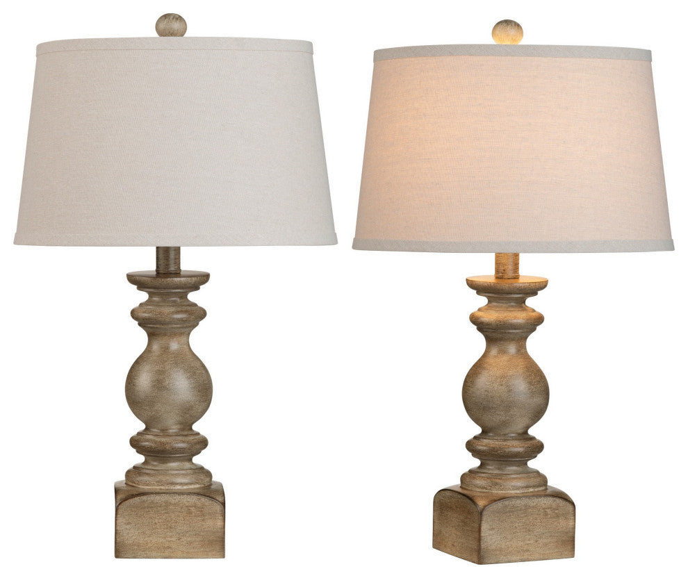 25"H Brown Resin Table Lamp With Oatmeal Drum Shade, Set of 2