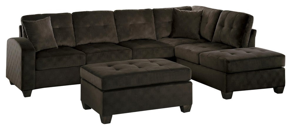 3-Piece Elburn Reversible Chaise Sectional and Ottoman, Chocolate Fabric