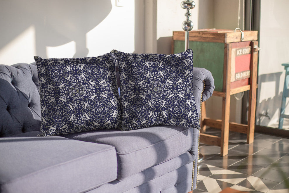 20" Navy Boho Pattern Indoor Outdoor Throw Pillow