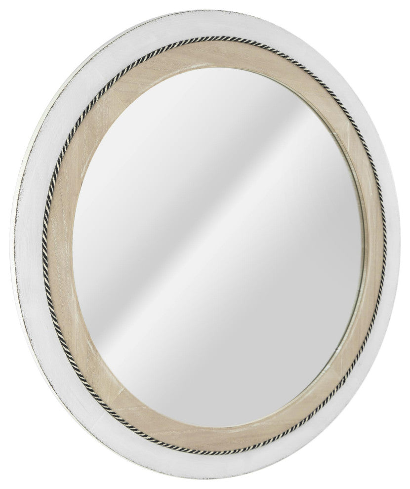 Rustic Whitewashed and Neutral Wood Framed Round Wall Mirror With Inlaid Rope
