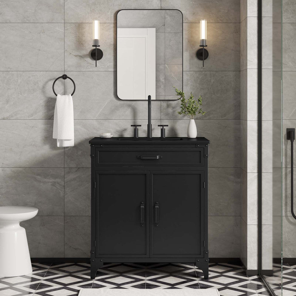 Lifestyle image showing vanity in a real bathroom setting with visible fixtures.