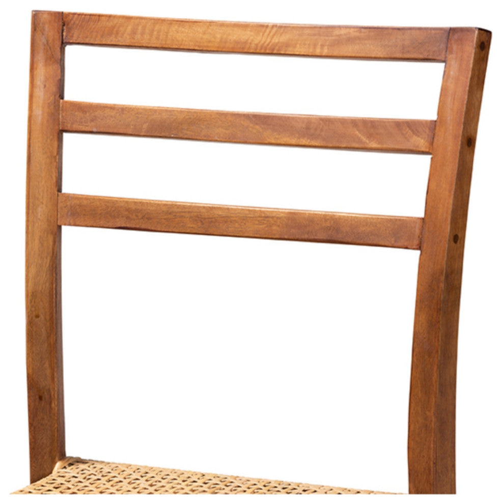 Modern Walnut Brown Finished Wood and Natural Rattan Counter Stool
