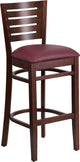 Modern Slat Back Walnut Wood Restaurant Barstool, Burgundy Vinyl Seat