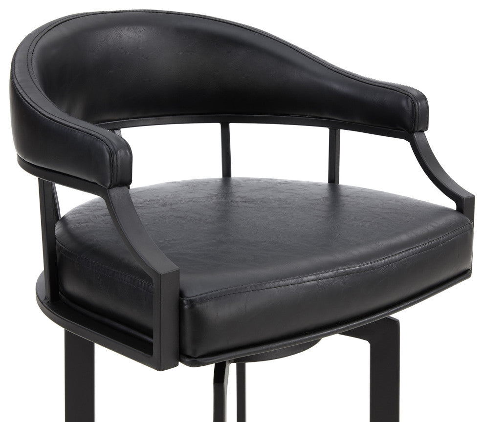 Pharaoh Swivel Black Powder Coated and Black Faux Leather Metal Bar Stool, 30"
