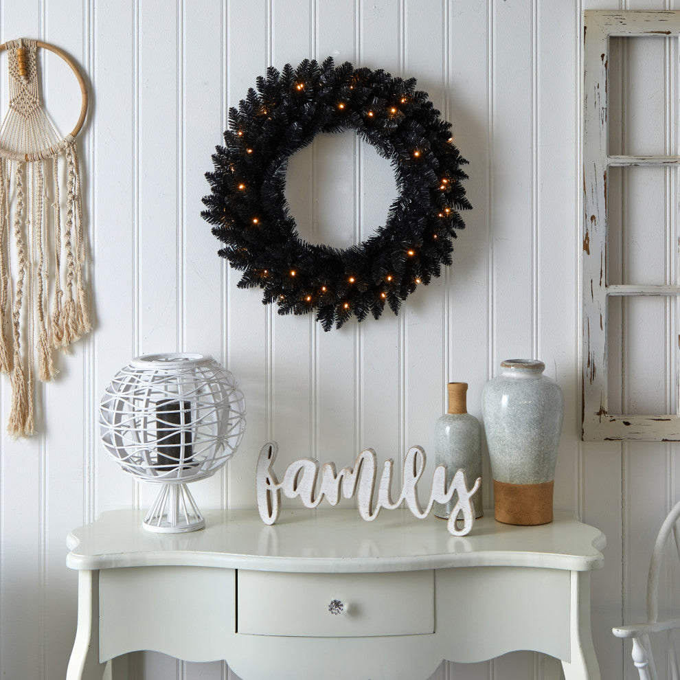24" Black Artificial Wreath With 35 Warm White LED Lights