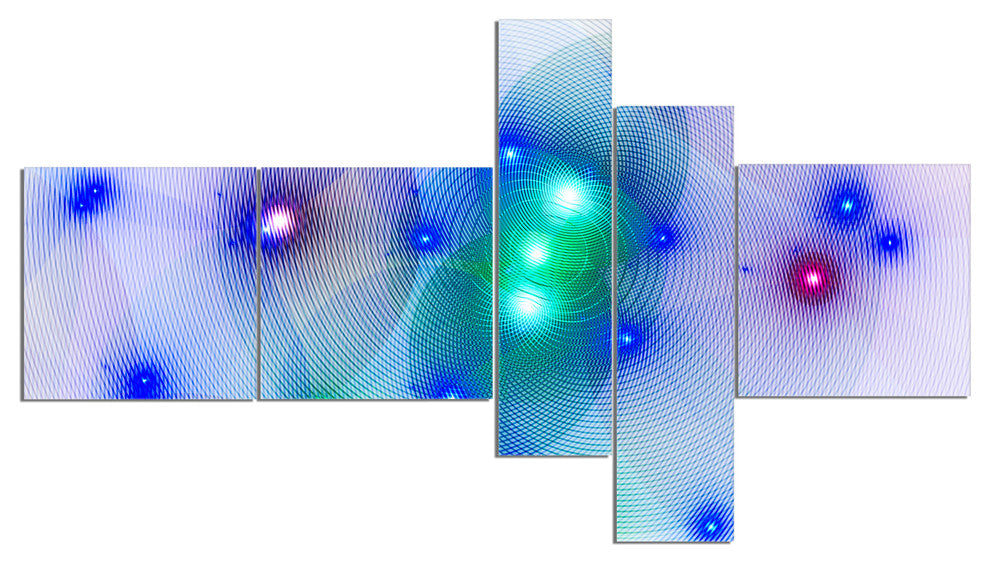 Blue Fractal Lights in Fog, Abstract Wall Art Canvas, 60"x32", 5 panels