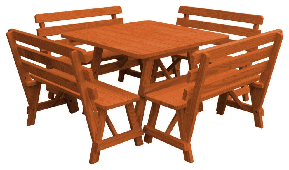 Pine 43" Square Table with Backed Benches, Redwood Stain