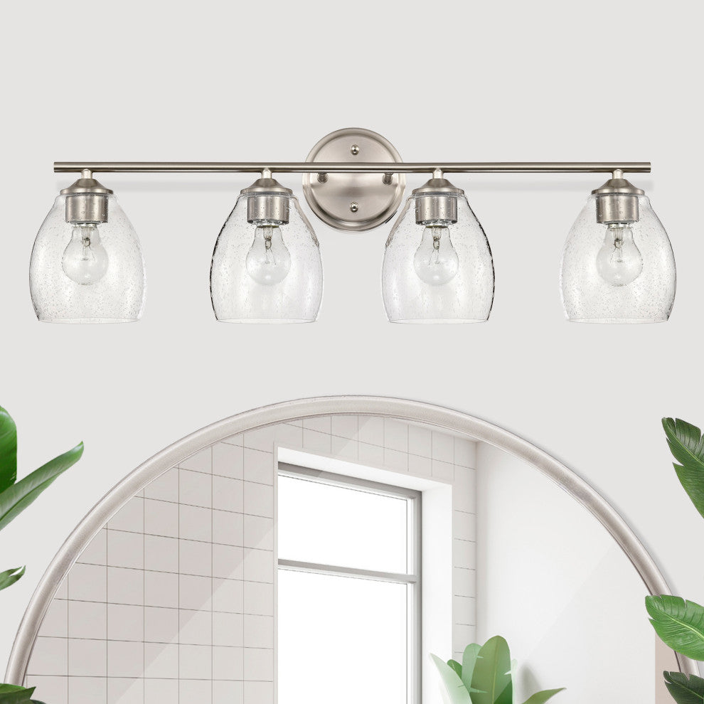 30 in. 4-Light Brushed Nickel Vanity Light With Bell-shaped Seedy Glass Shades