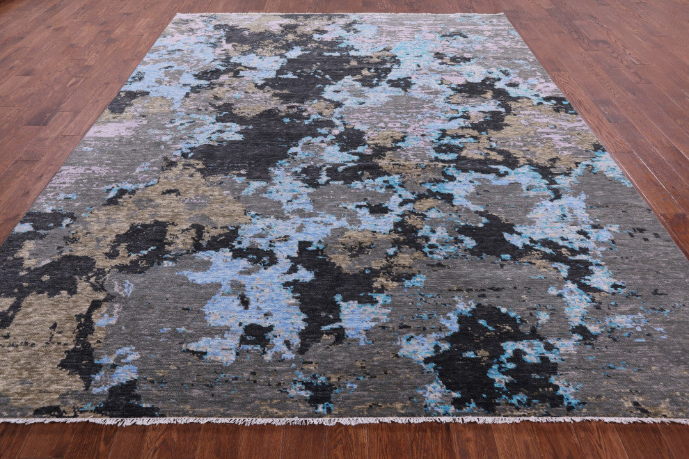 9' 6" X 11' 8" Abstract Hand Knotted Wool and Silk Rug Q9158