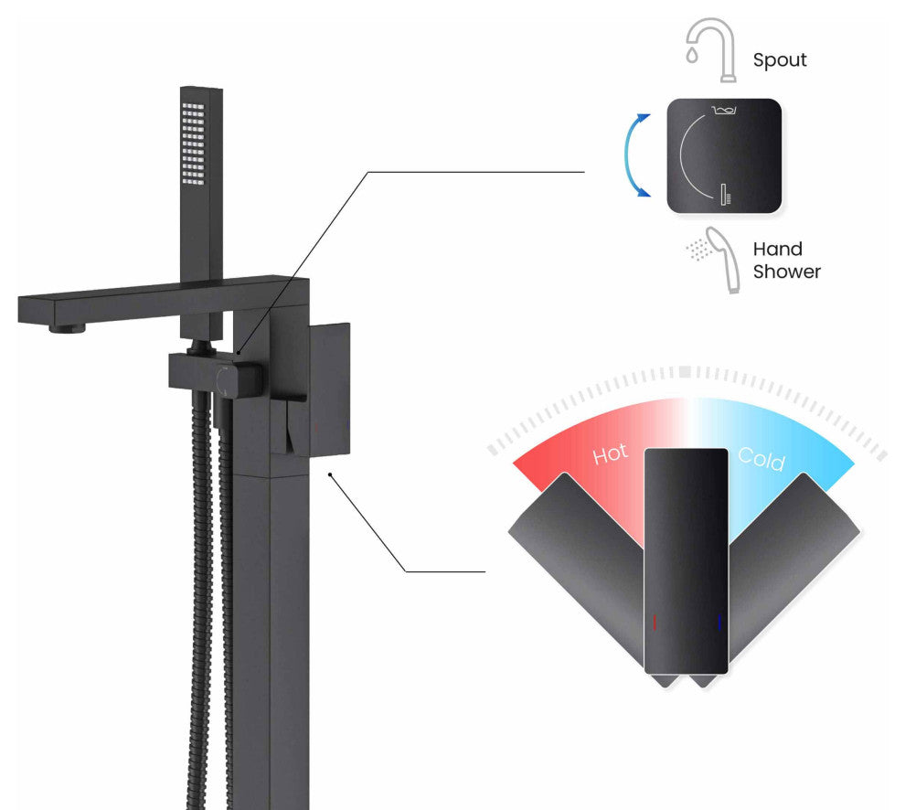Cube Single Handle Floor Mount Tub Filler With Hand Shower, Matte Black