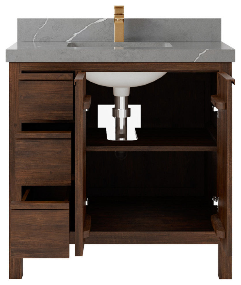Elizabeth 36 Center Sink Bath Vanity in Dark Walnut Teak 2" Piatra Gray