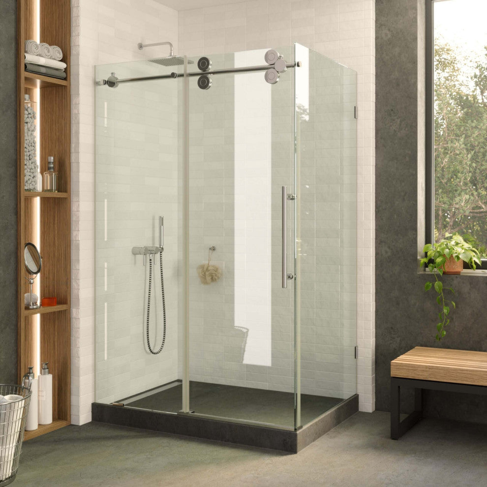Frameless Shower Enclosure Sliding Shower Glass Door - Tempered Glass, Polished Chrome, 48"