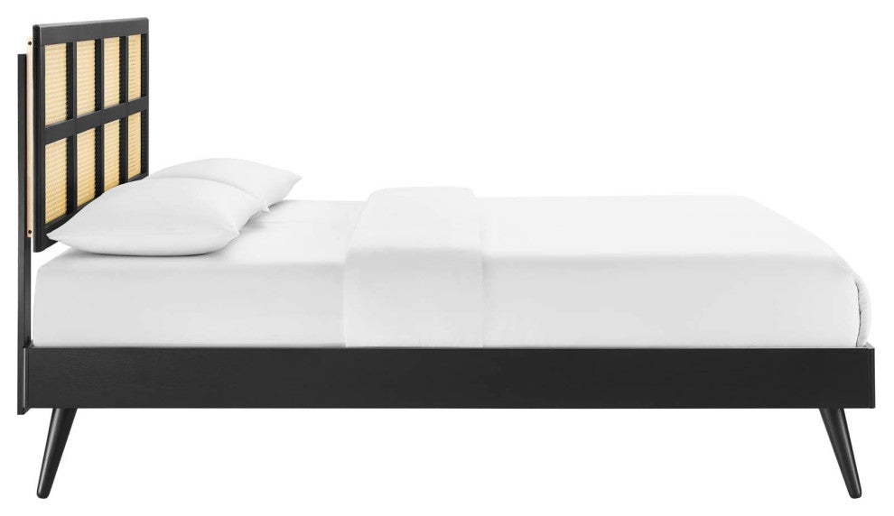 Cane Bed, Woven Rattan Bed, Art Moderne Shoji Platform Bed, Black, Queen