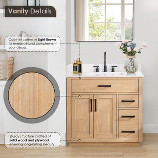 Gavino Vanity With Grain White Composite Stone Top, Light Brown/Matte Black, 36", With Mirror