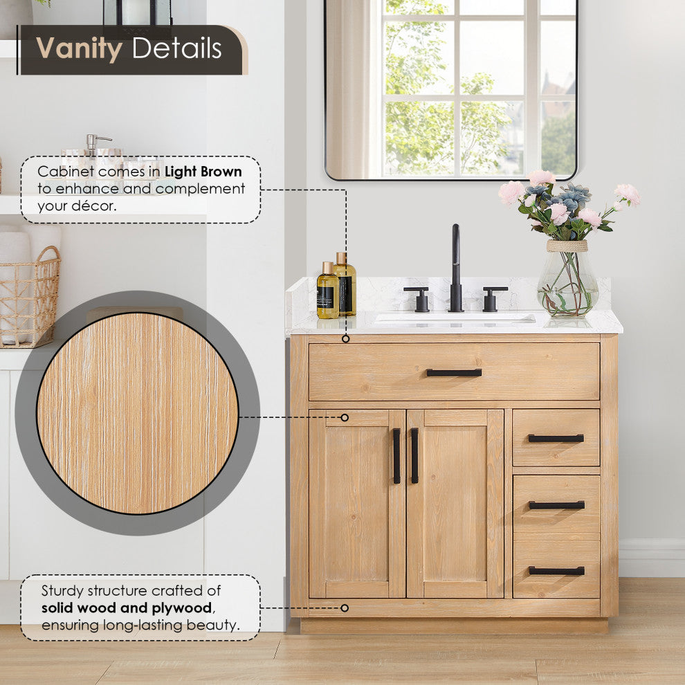 Gavino Vanity With Grain White Composite Stone Top, Light Brown/Matte Black, 36", With Mirror