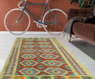 Sangat Flatweave Muiz Red/Gold Rug, 4'2 x 6'3