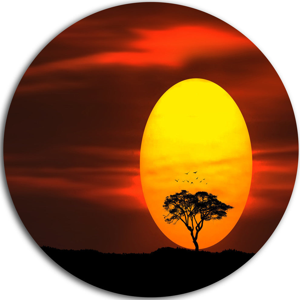Lonely Tree With Birds At Sunset, Round Wall Art Landscape, 36"