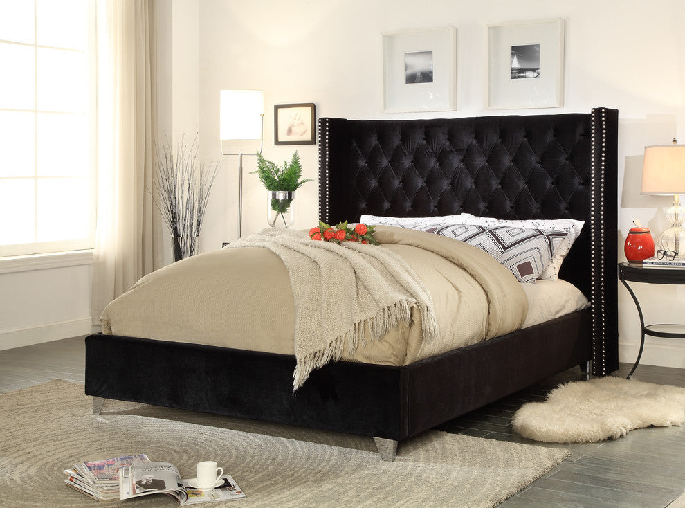 Ames Velvet Bed, Black, Queen