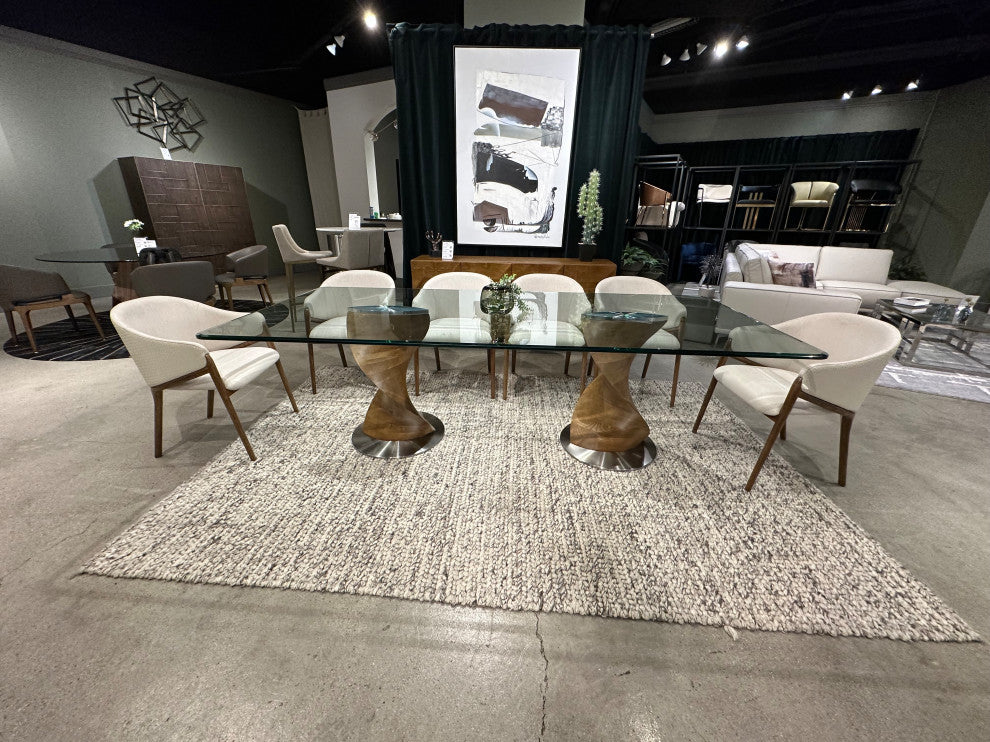 Modrest Lunde Cream Fabric, Vegan Leather & Walnut Arm Dining Chair