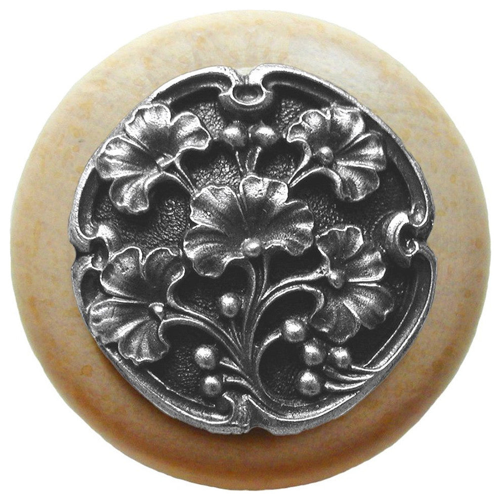 Ginkgo-Berry Natural Wood Knob, Clear Finish With Antique-Style Pewter