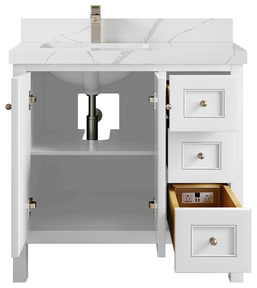Nashville 36" Left Offset Bath Vanity, White 2" Calacatta Laza