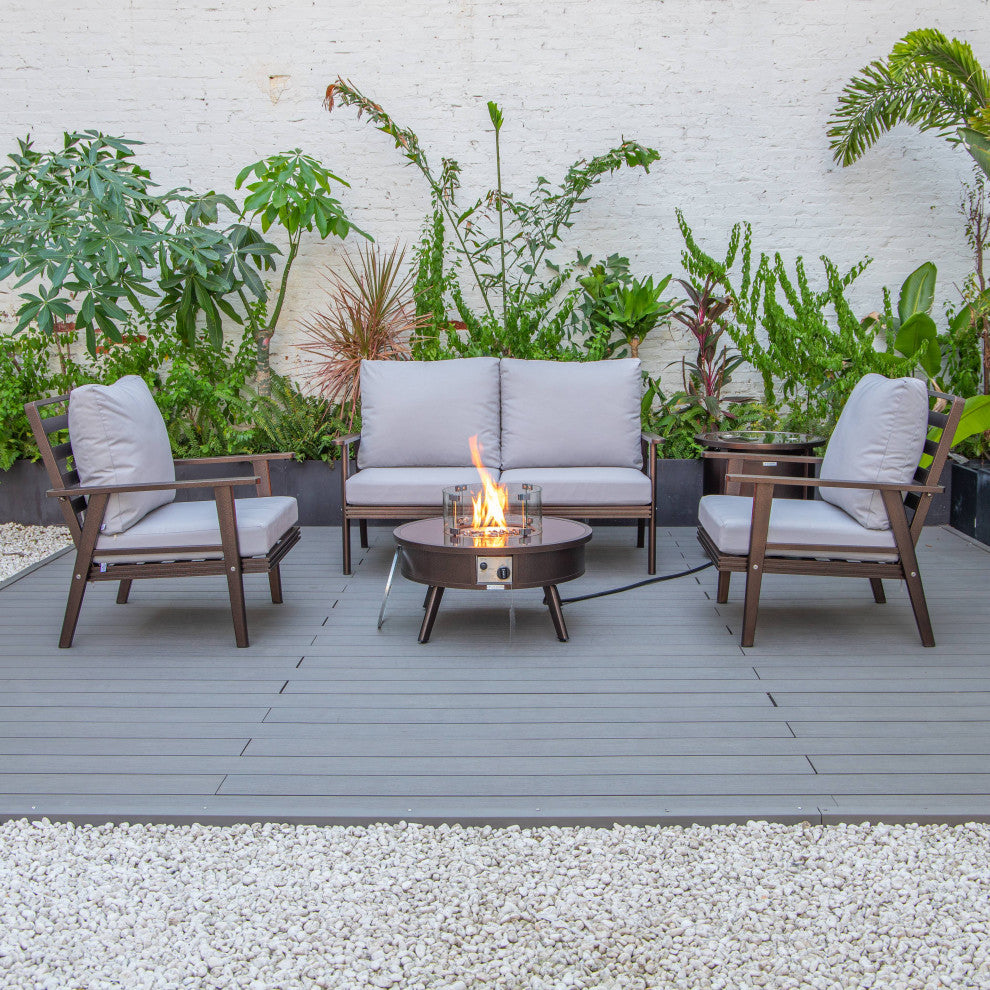 LeisureMod Walbrooke Brown Patio Sofa Set With Round Fire Pit Table, Light Grey